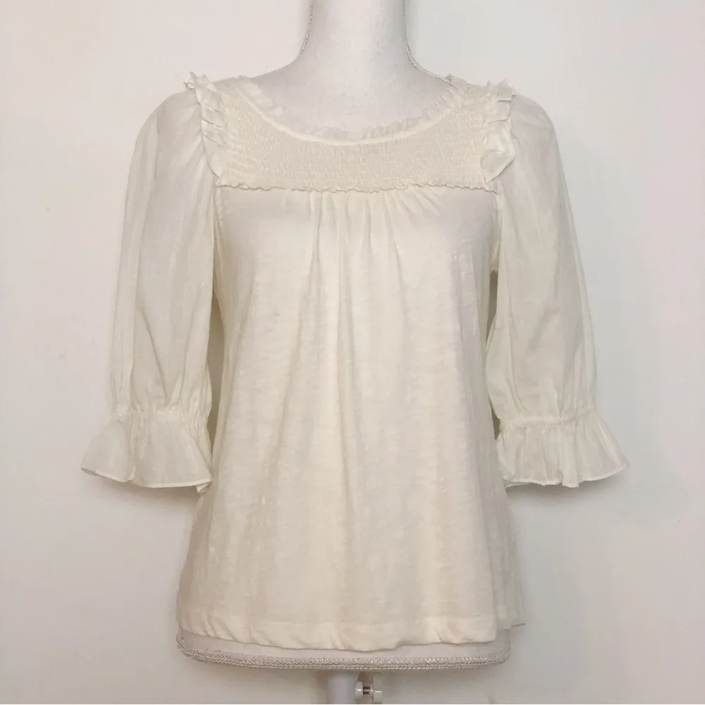 NWT By Anthropologie Smocked Puff-Sleeve Knit Top in Ivory Size XS